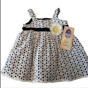 Rare Editions Dress White Eyelet‎ Lace Navy Lining Daisy Detail Size 18 Months